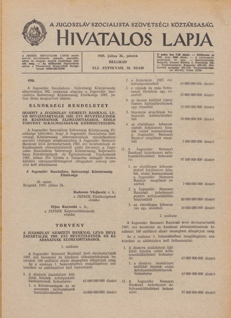 A Jugoszláv Szocialista Szövetségi Köztársaság Hivatalos Lapja, 41. évf. 1985. július 26. 38. sz. 1125–1128. oldal