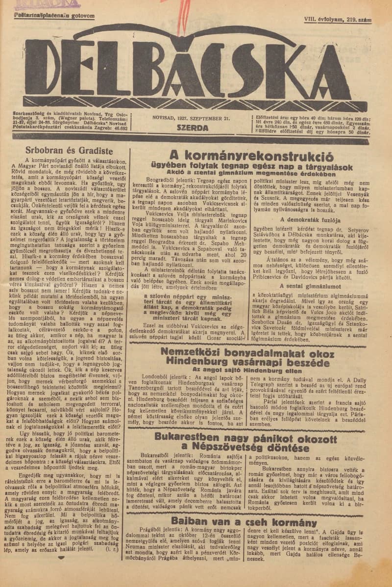 Délbácska, 8. évf. 1927. szeptember 21. 219. sz.