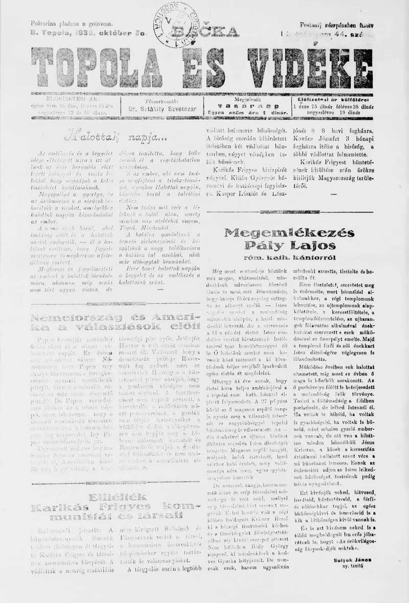 Bačka Topola és Vidéke, 9. évf. 1932. október 30. 44. sz.