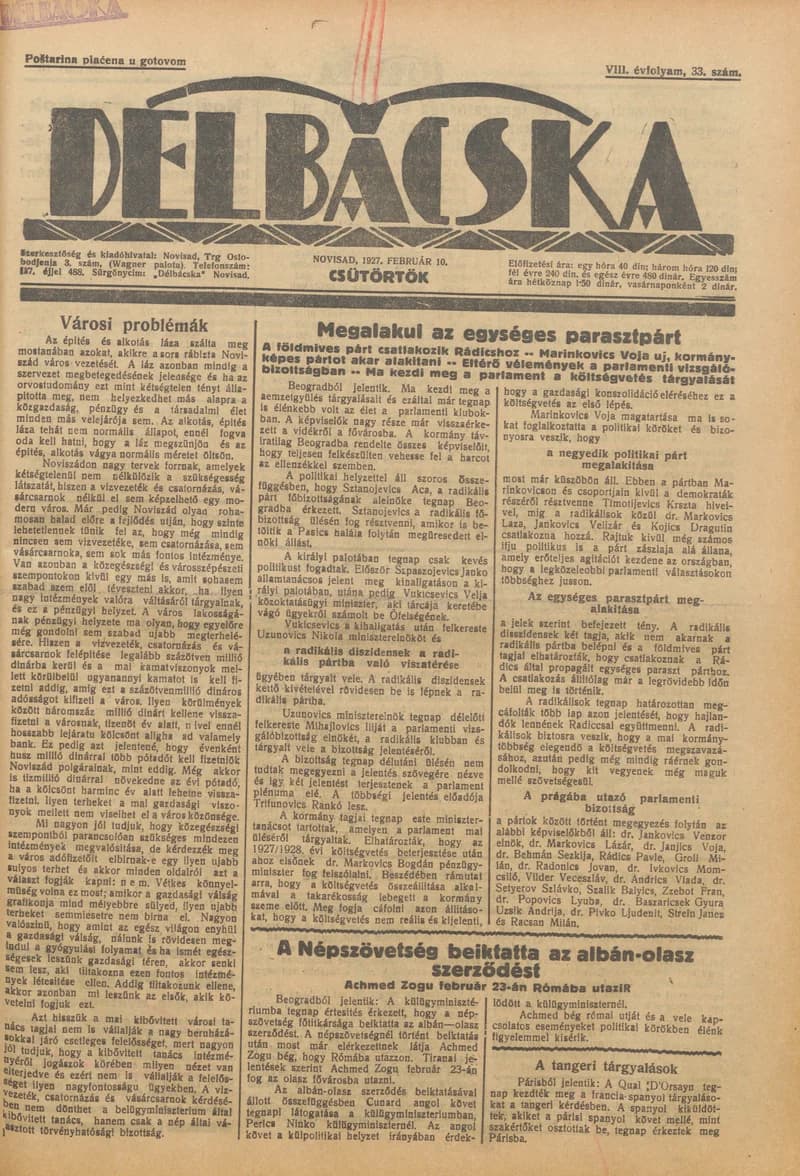 Délbácska, 8. évf. 1927. február 10. 33. sz.