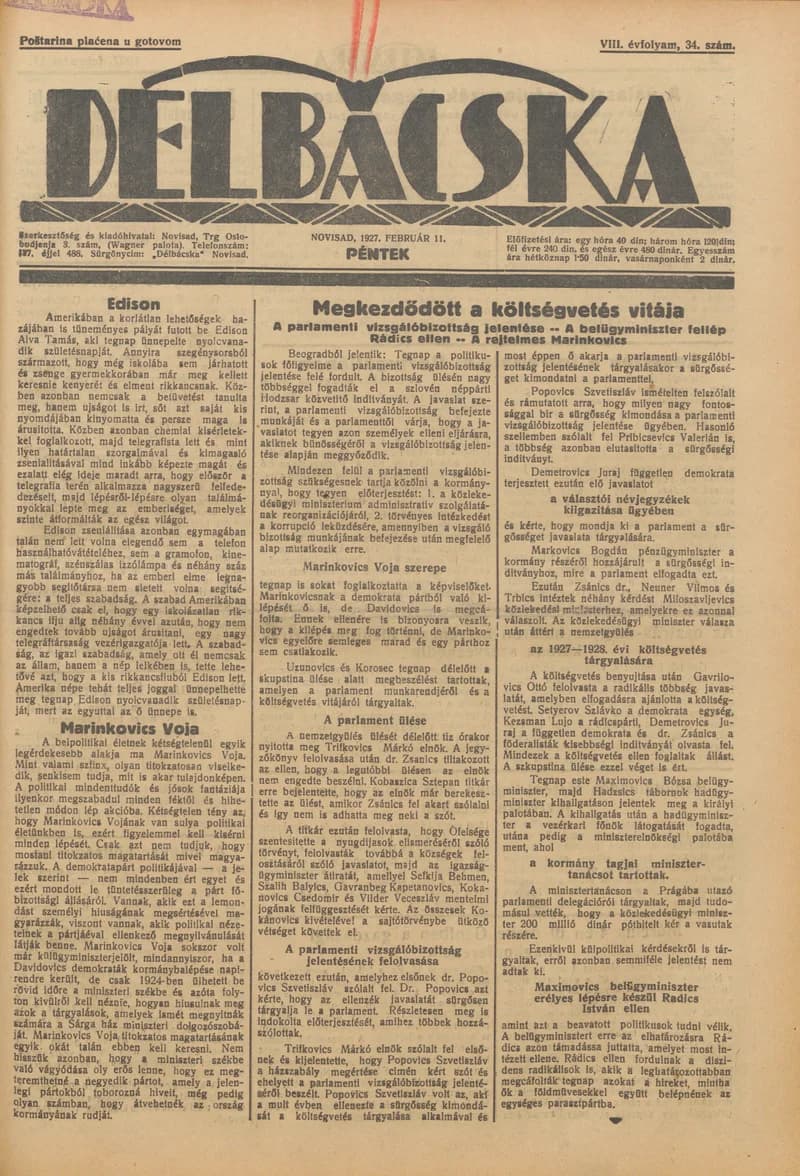 Délbácska, 8. évf. 1927. február 11. 34. sz.
