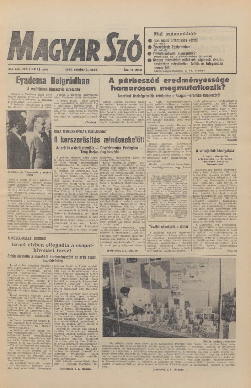 Magyar Szó, 41. évf. 1984. október 2. 272. sz. 1–20. oldal