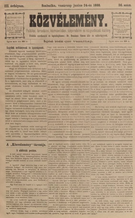 Közvélemény, 3. évf. 1888. június 24. 26. sz.