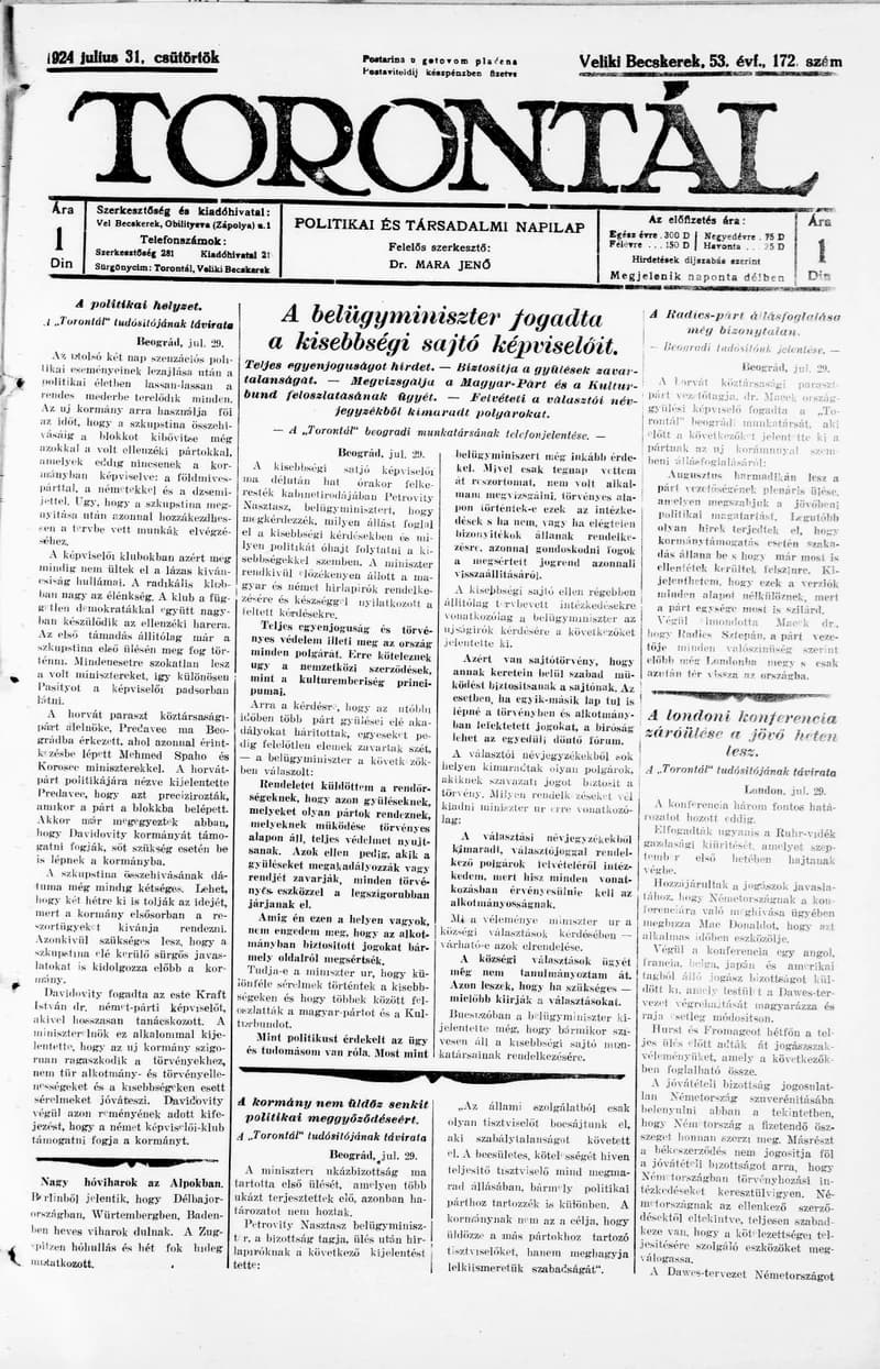 Torontál, 53. évf. 1924. július 31. 172. sz.