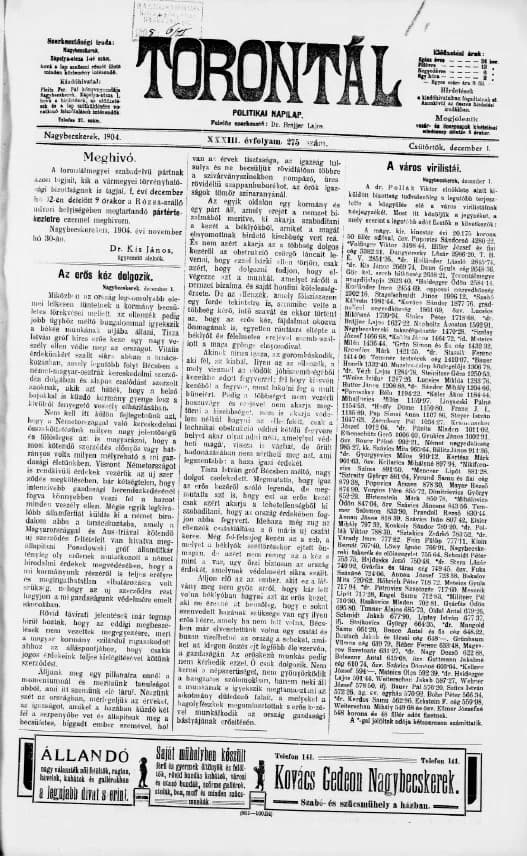 Torontál, 33. évf. 1904. december 1. 275. sz.