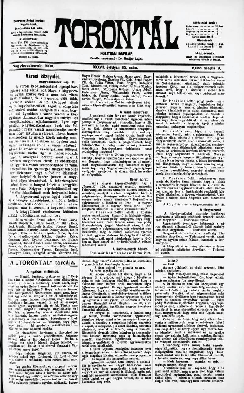 Torontál, 37. évf. 1908. május 19. 115. sz.