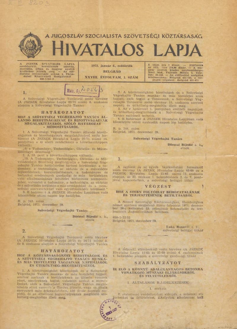 A Jugoszláv Szocialista Szövetségi Köztársaság Hivatalos Lapja, 28. évf. 1972. január 6. 1. sz. 1–16. oldal