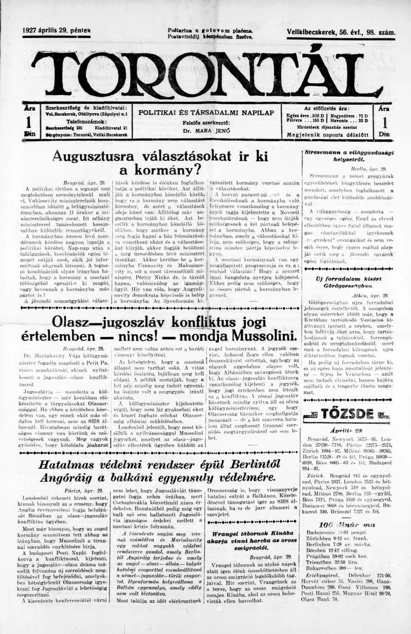 Torontál, 56. évf. 1927. április 29. 98. sz.