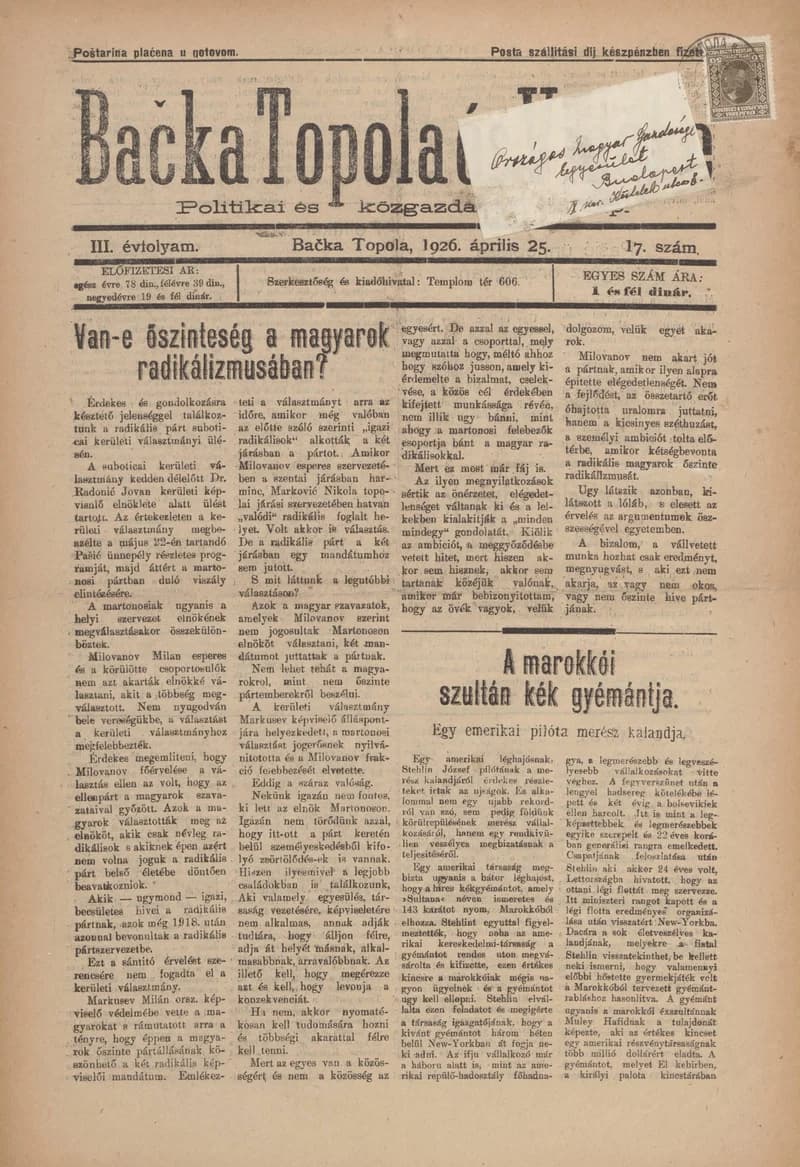 Bačka Topola és Vidéke, 3. évf. 1926. április 25. 17. sz.