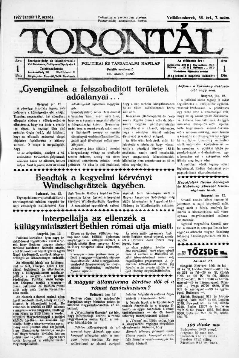 Torontál, 56. évf. 1927. január 12. 7. sz.
