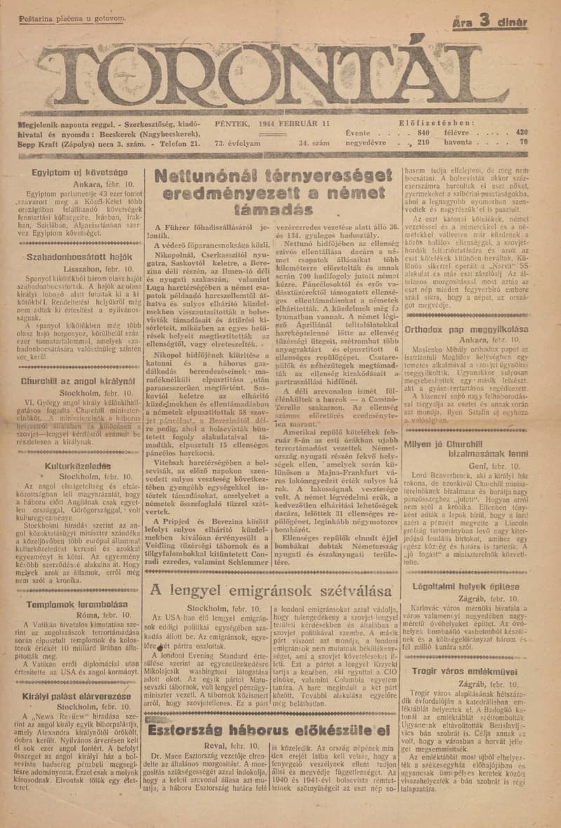 Torontál, 73. évf. 1944. február 11. 34. sz.