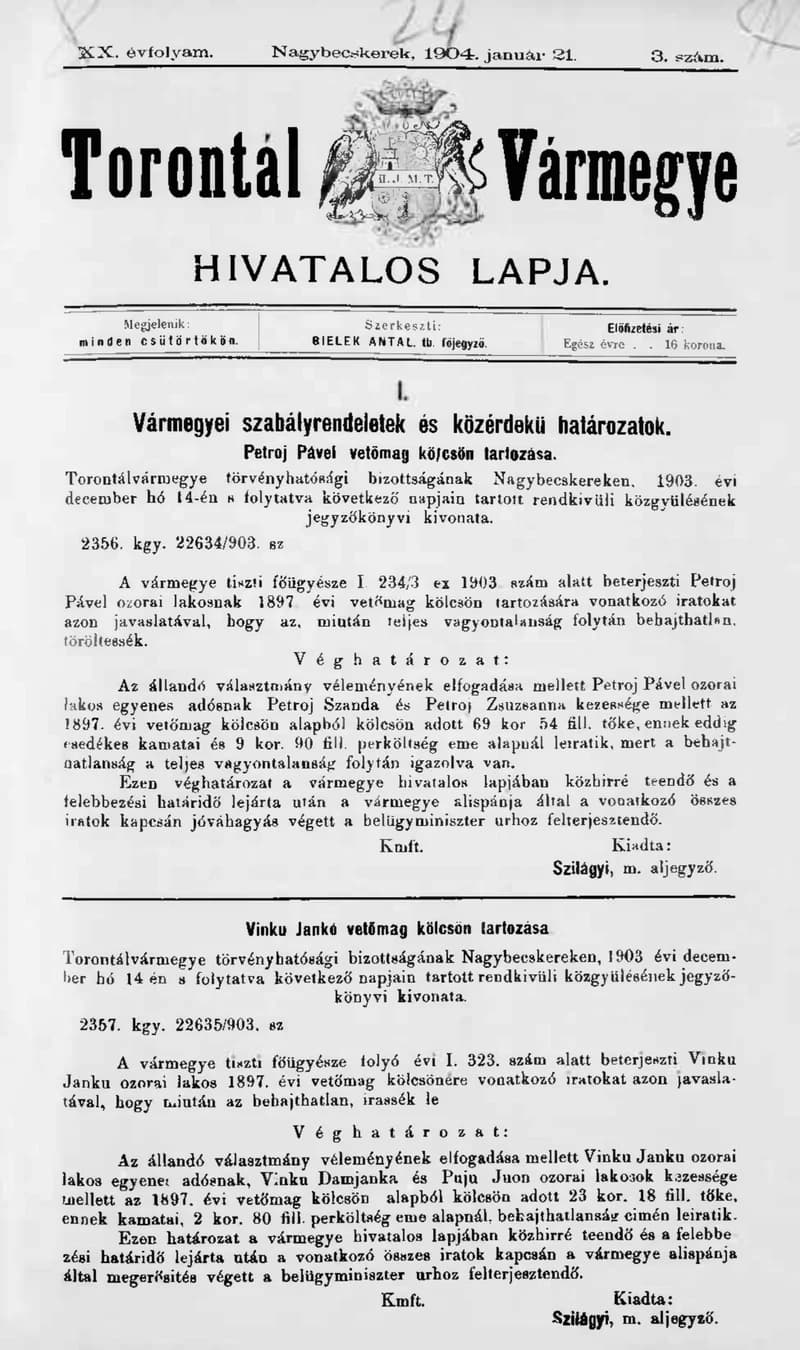 Torontál Vármegye Hivatalos Lapja, 20. évf. 1904. január 21. 3. sz.