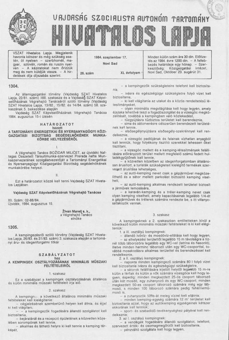 Vajdaság Szocialista Autonóm Tartomány Hivatalos Lapja, 40. évf. 1984. szeptember 17. 26. sz.