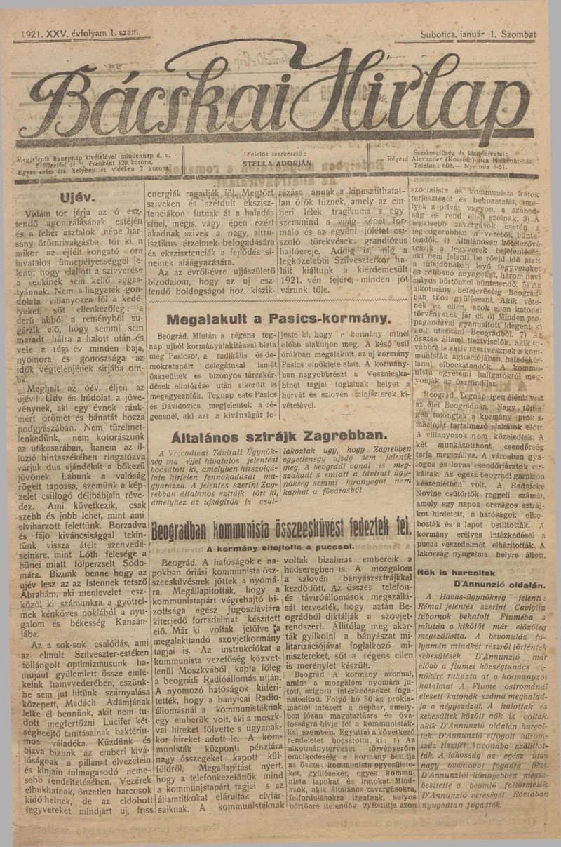 Bácskai Hirlap, 25. évf. 1921. január 1. 1. sz.