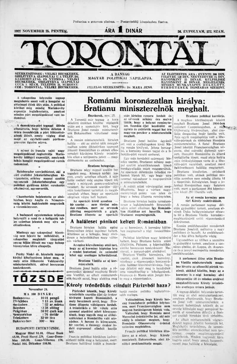 Torontál, 56. évf. 1927. november 25. 272. sz.