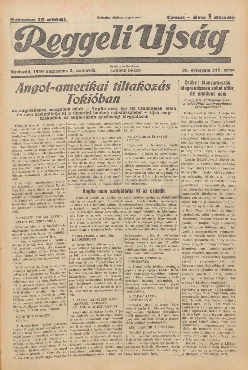 Reggeli Újság, 20. évf. 1939. augusztus 3. 212. sz.