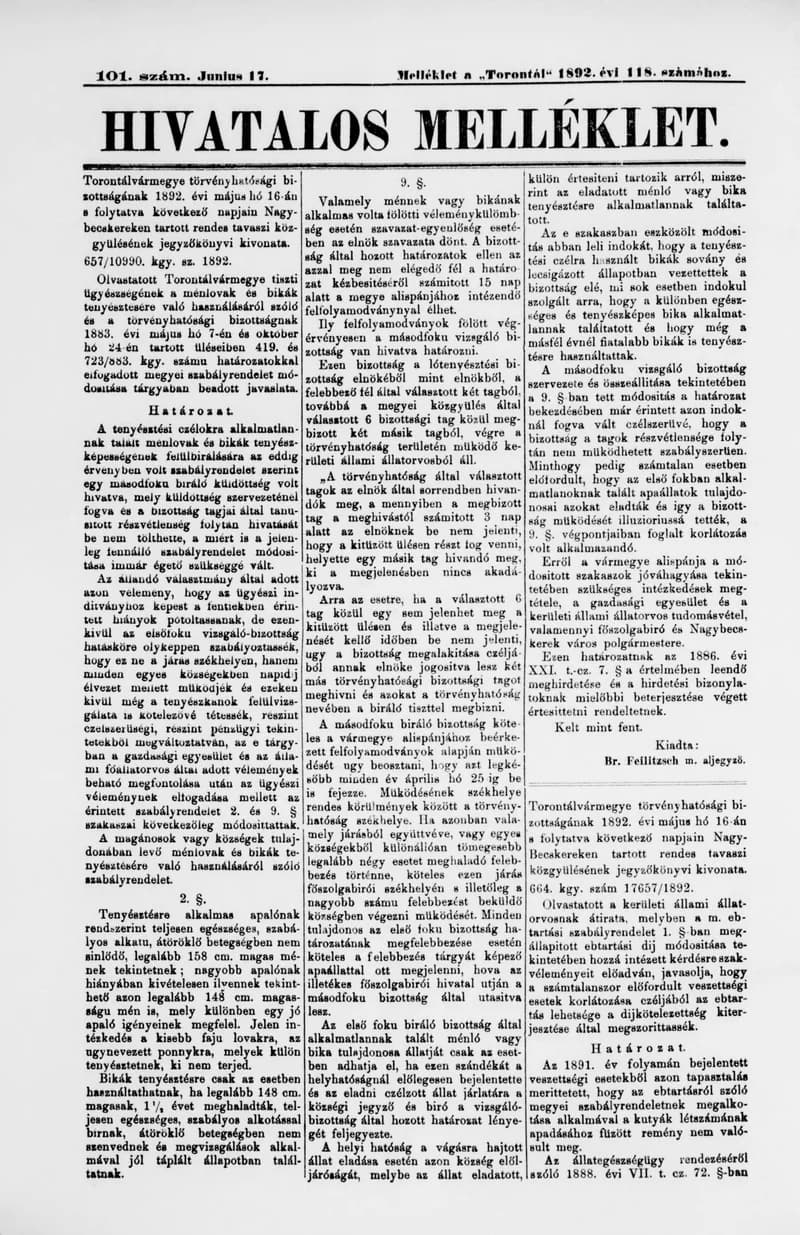 A Totontál  hivatalos melléklete, 5. évf. 1892. június 17. 101. sz.