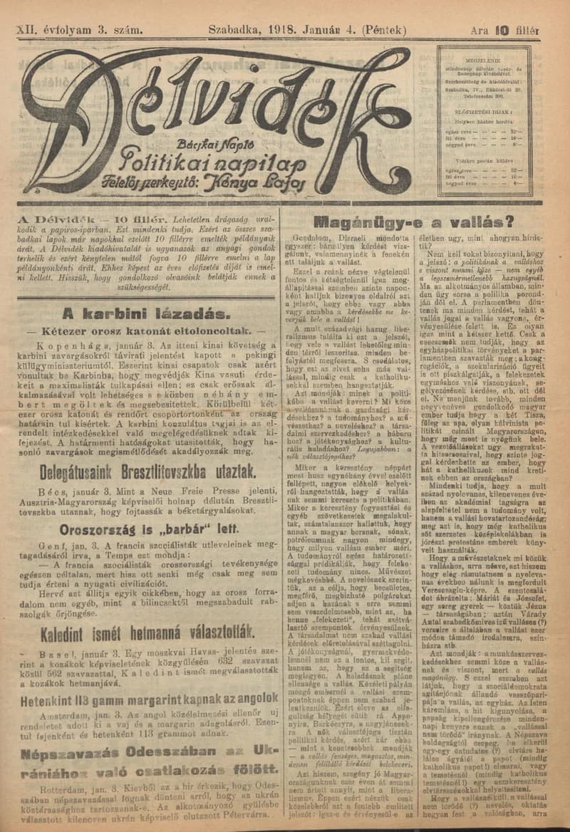 Délvidék, 12. évf. 1918. január 4. 3. sz.