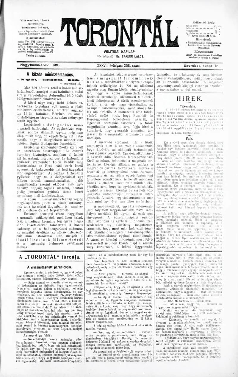 Torontál, 37. évf. 1908. szeptember 12. 208. sz.
