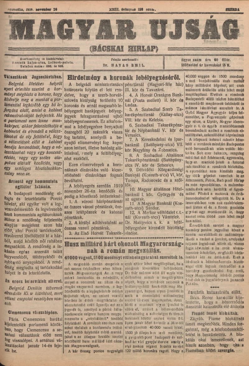 Bácskai Hirlap, 23. évf. 1919. november 26. 138. sz.