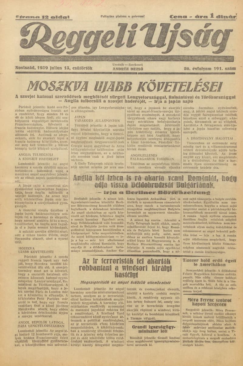 Reggeli Újság, 20. évf. 1939. július 13. 191. sz.