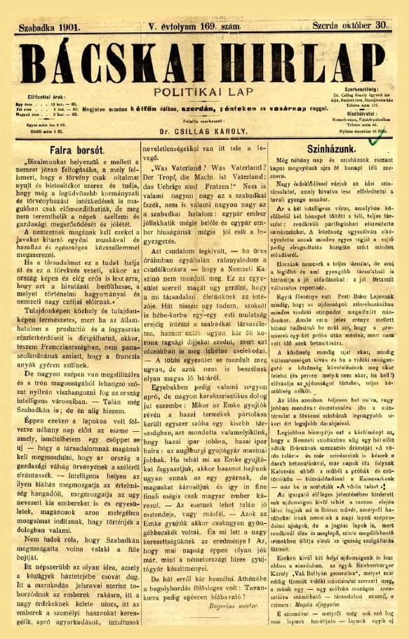 Bácskai Hirlap, 5. évf. 1901. október 30. 169. sz.