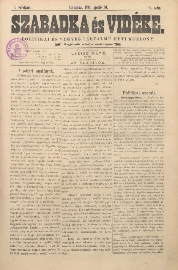 Szabadka és vidéke II, 1. évf. 1893. április 30. 11. sz.