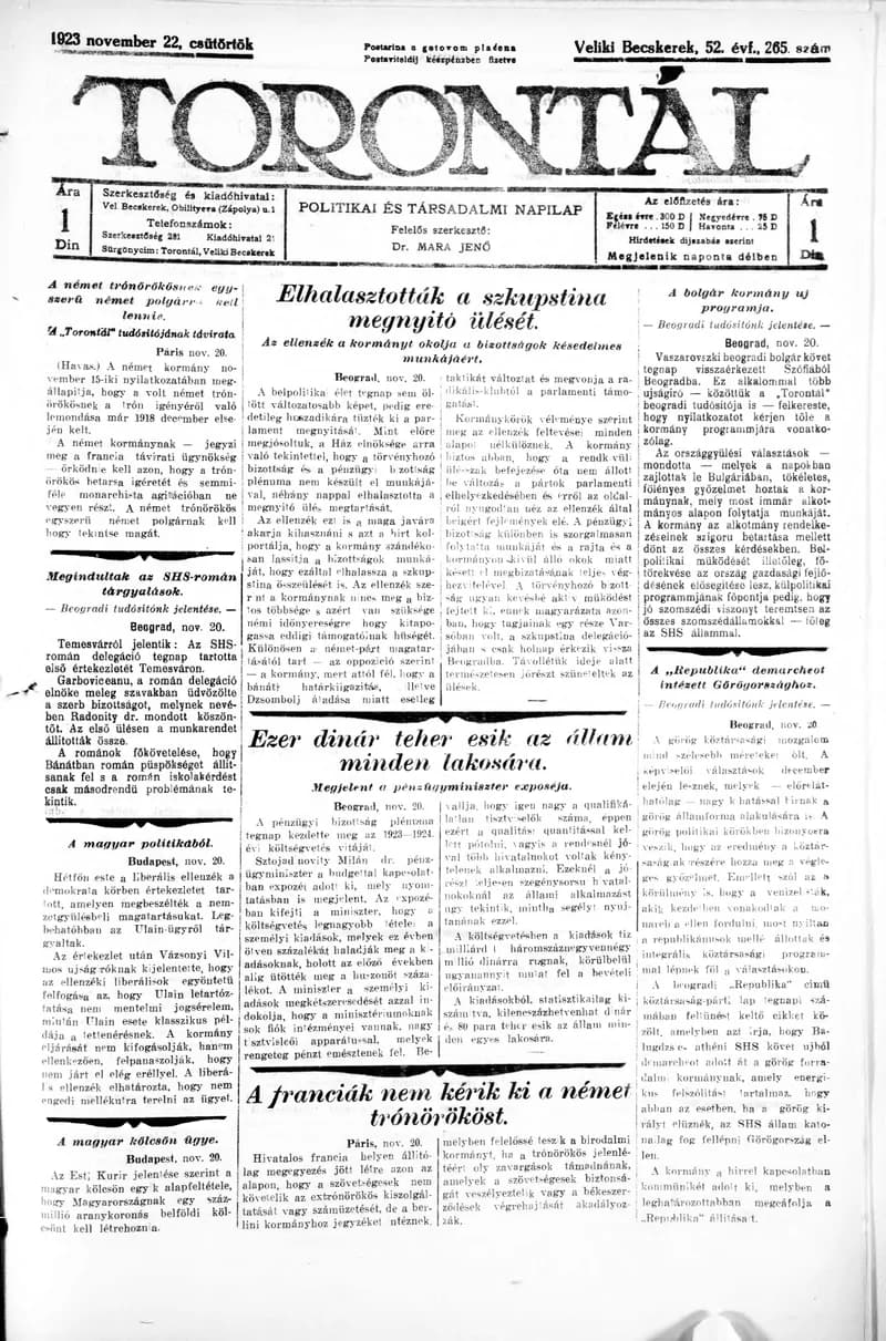 Torontál, 52. évf. 1923. november 22. 265. sz.