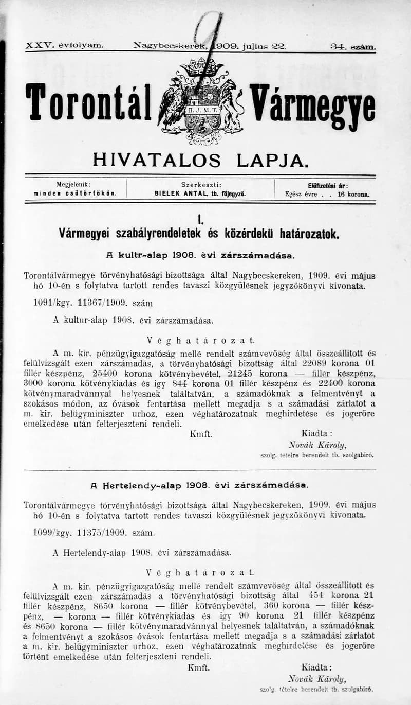 Torontál Vármegye Hivatalos Lapja, 25. évf. 1909. július 22. 34. sz.