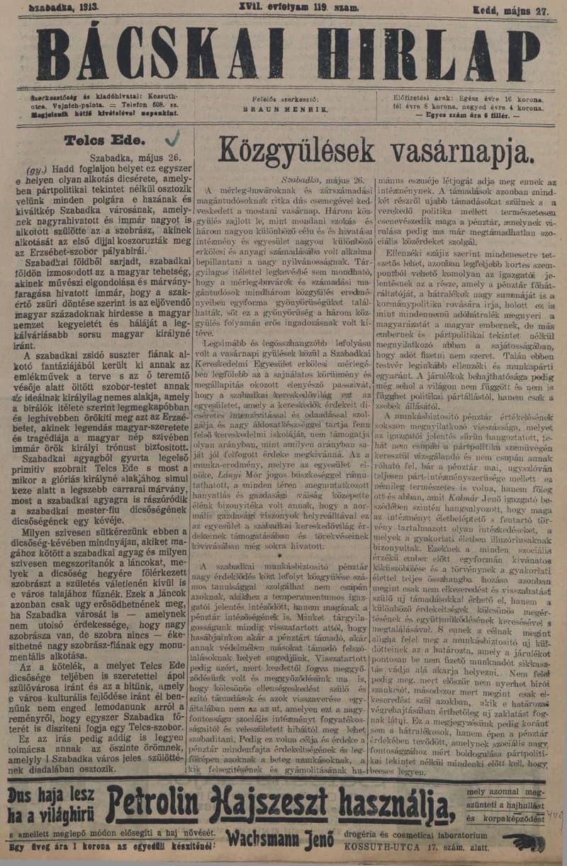 Bácskai Hirlap, 17. évf. 1913. május 27. 119. sz.
