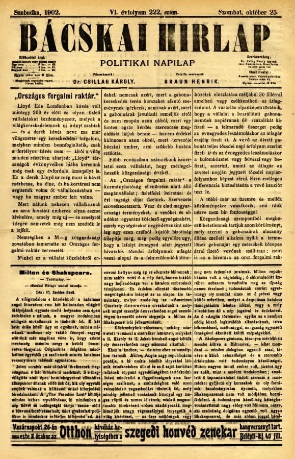 Bácskai Hirlap, 6. évf. 1902. október 25. 222. sz.