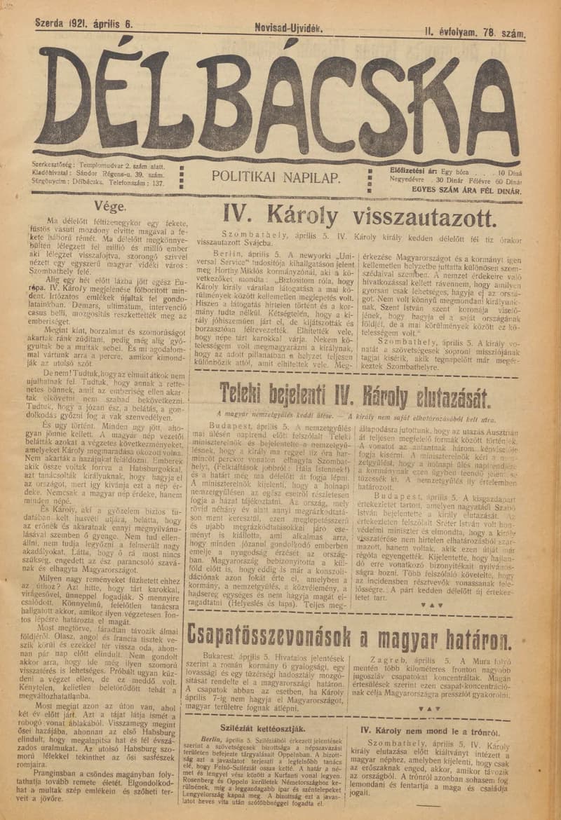 Délbácska, 2. évf. 1921. április 6. 78. sz.