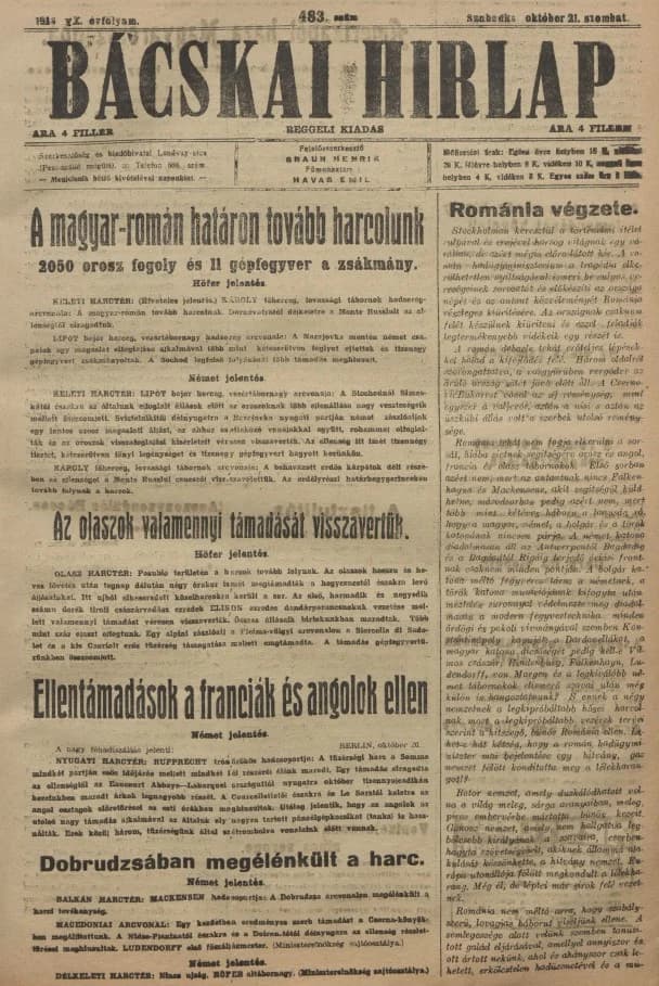 Bácskai Hirlap, 20. évf. 1916. október 21. 483. sz.