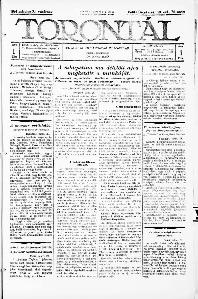 Torontál, 53. évf. 1924. március 30. 74. sz.