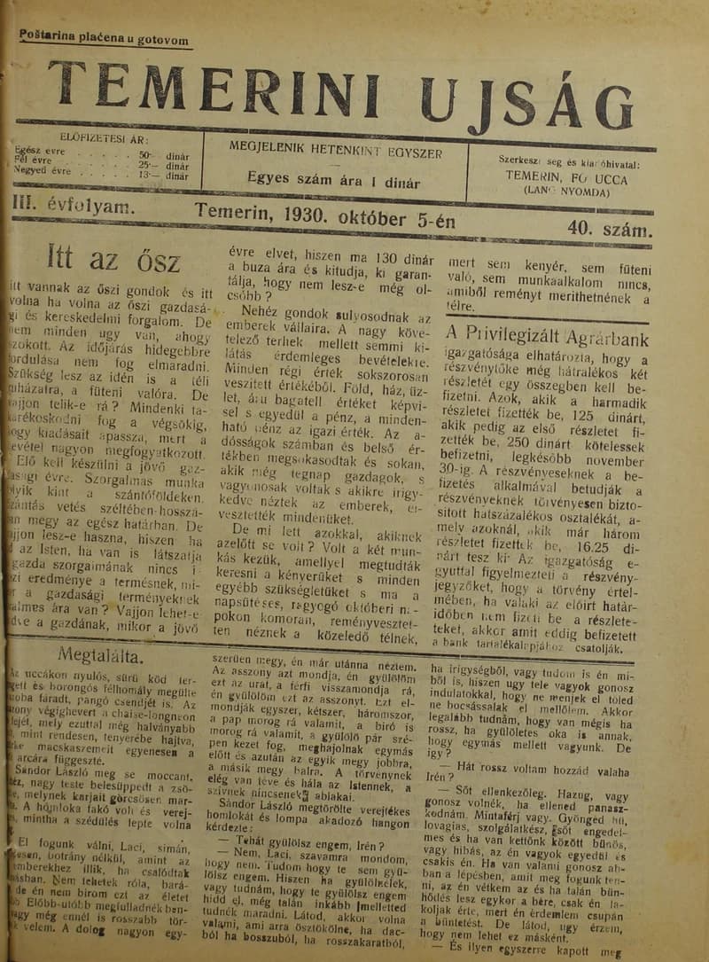 Temerini Újság 1928-1944, 3. évf. 1930. október 5. 40. sz.