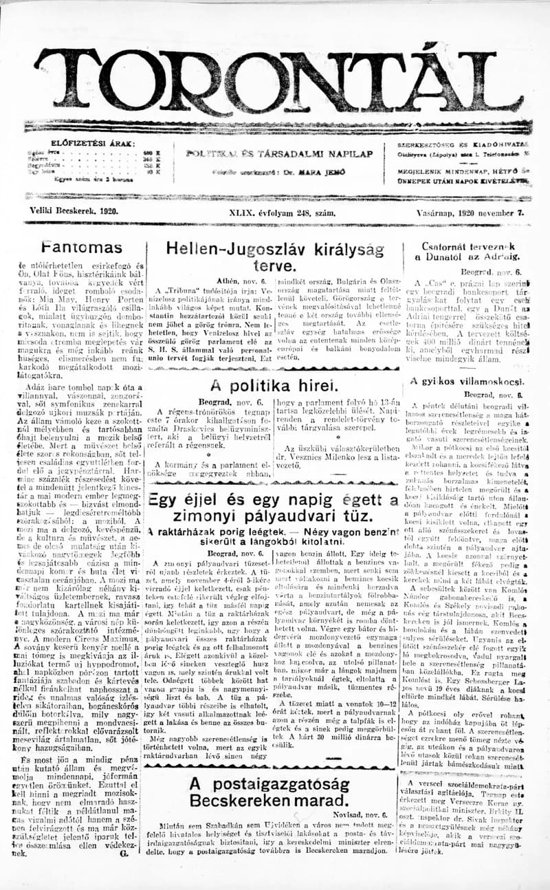 Torontál, 49. évf. 1920. november 7. 248. sz.