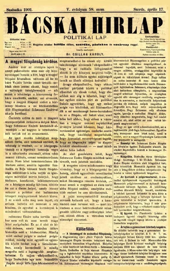 Bácskai Hirlap, 5. évf. 1901. április 17. 58. sz.