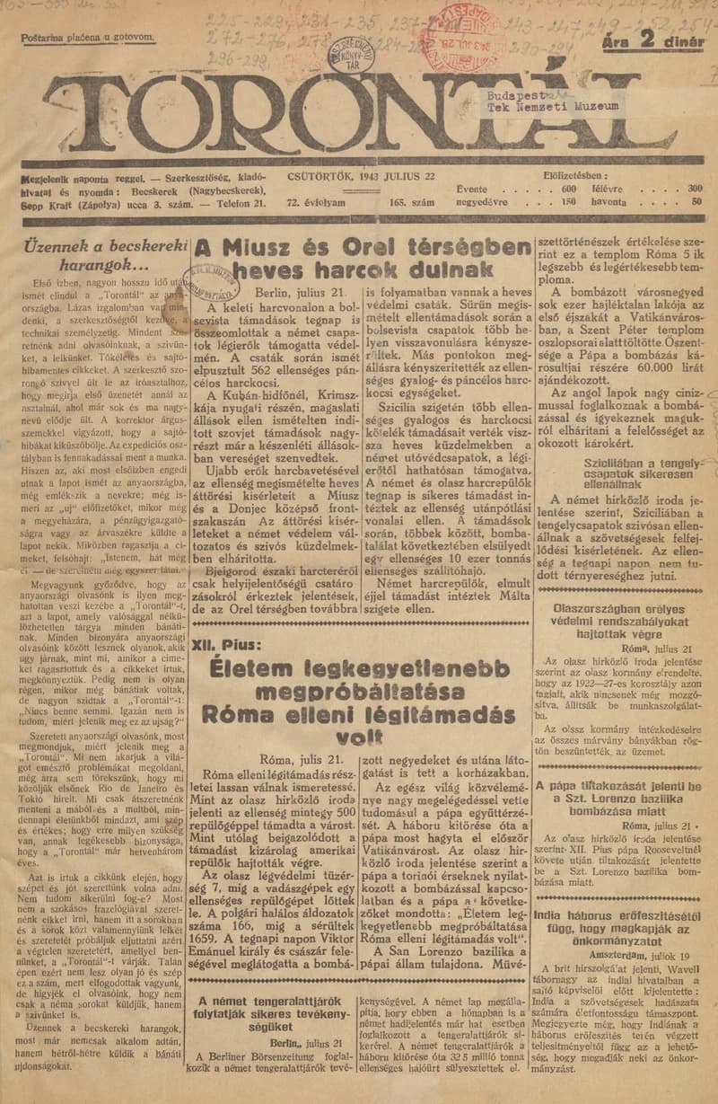 Torontál, 72. évf. 1943. július 22. 165. sz.