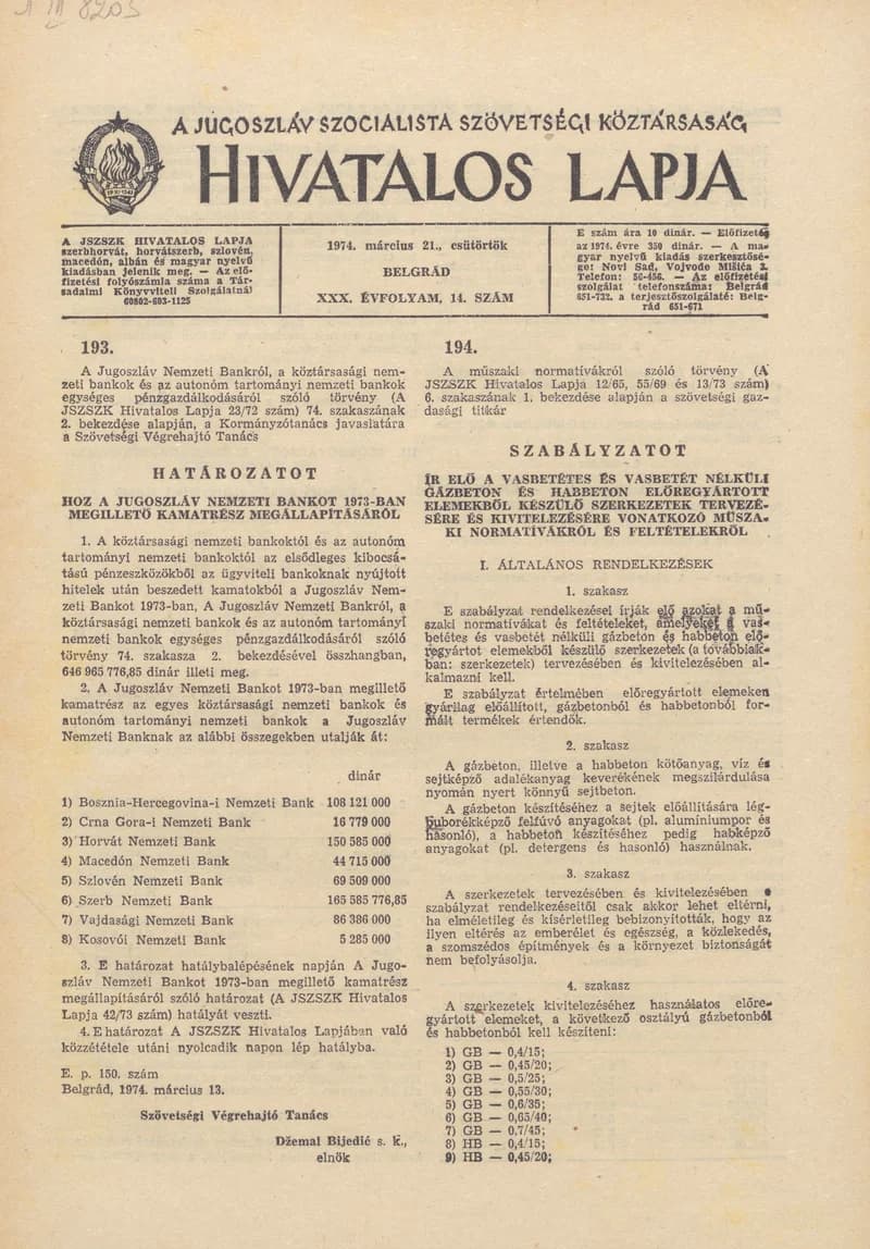 A Jugoszláv Szocialista Szövetségi Köztársaság Hivatalos Lapja, 30. évf. 1974. március 21. 14. sz. 357–388. oldal