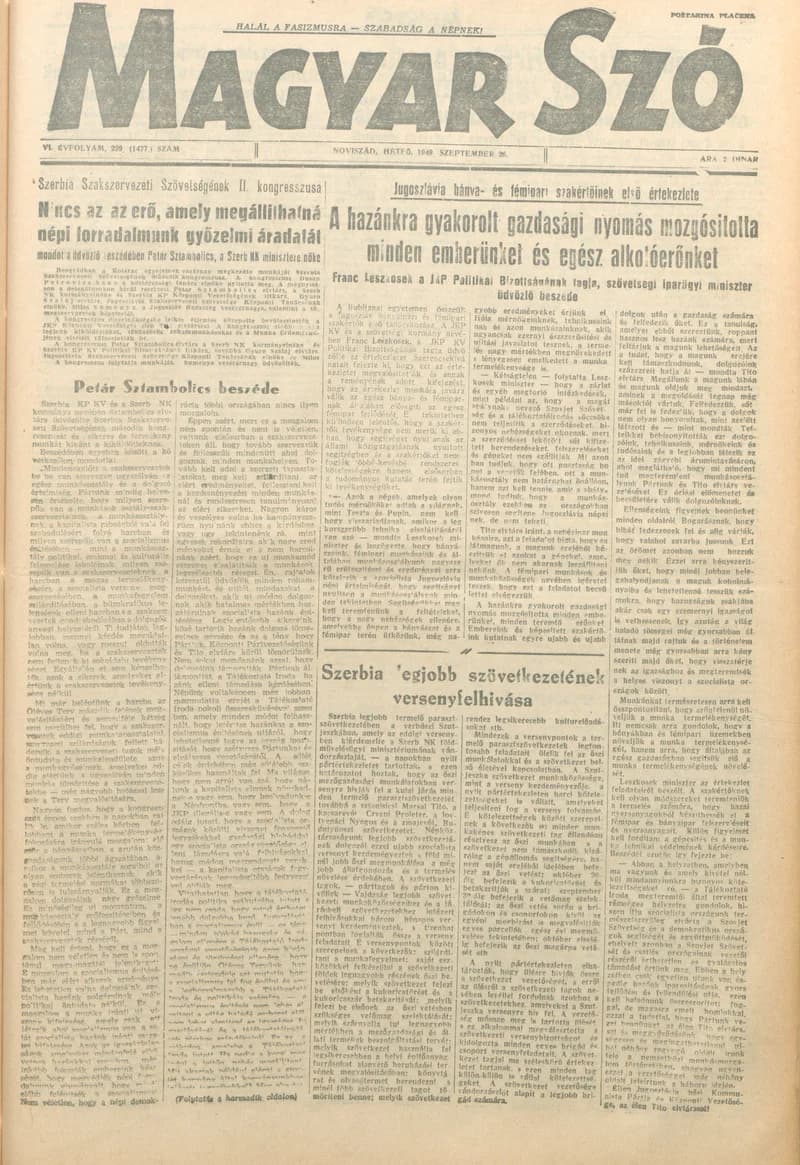Magyar Szó, 6. évf. 1949. szeptember 26. 229. sz. 1–4. oldal