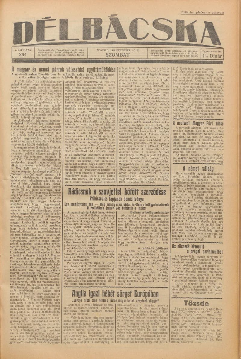 Délbácska, 5. évf. 1924. december 20. 294. sz.