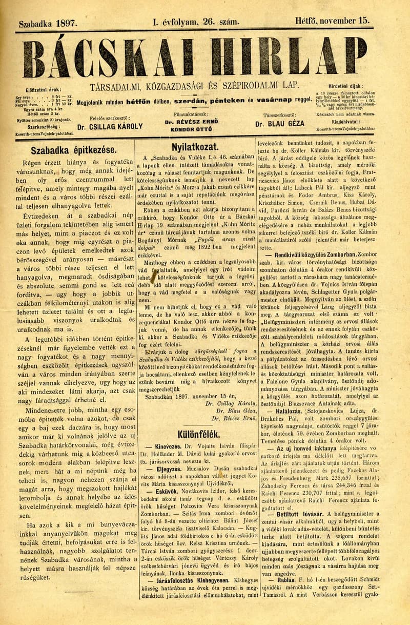 Bácskai Hirlap, 1. évf. 1897. november 15. 26. sz. 1–2. oldal
