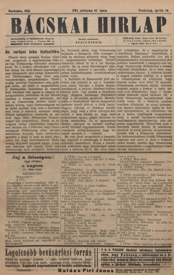 Bácskai Hirlap, 16. évf. 1912. április 28. 97. sz.