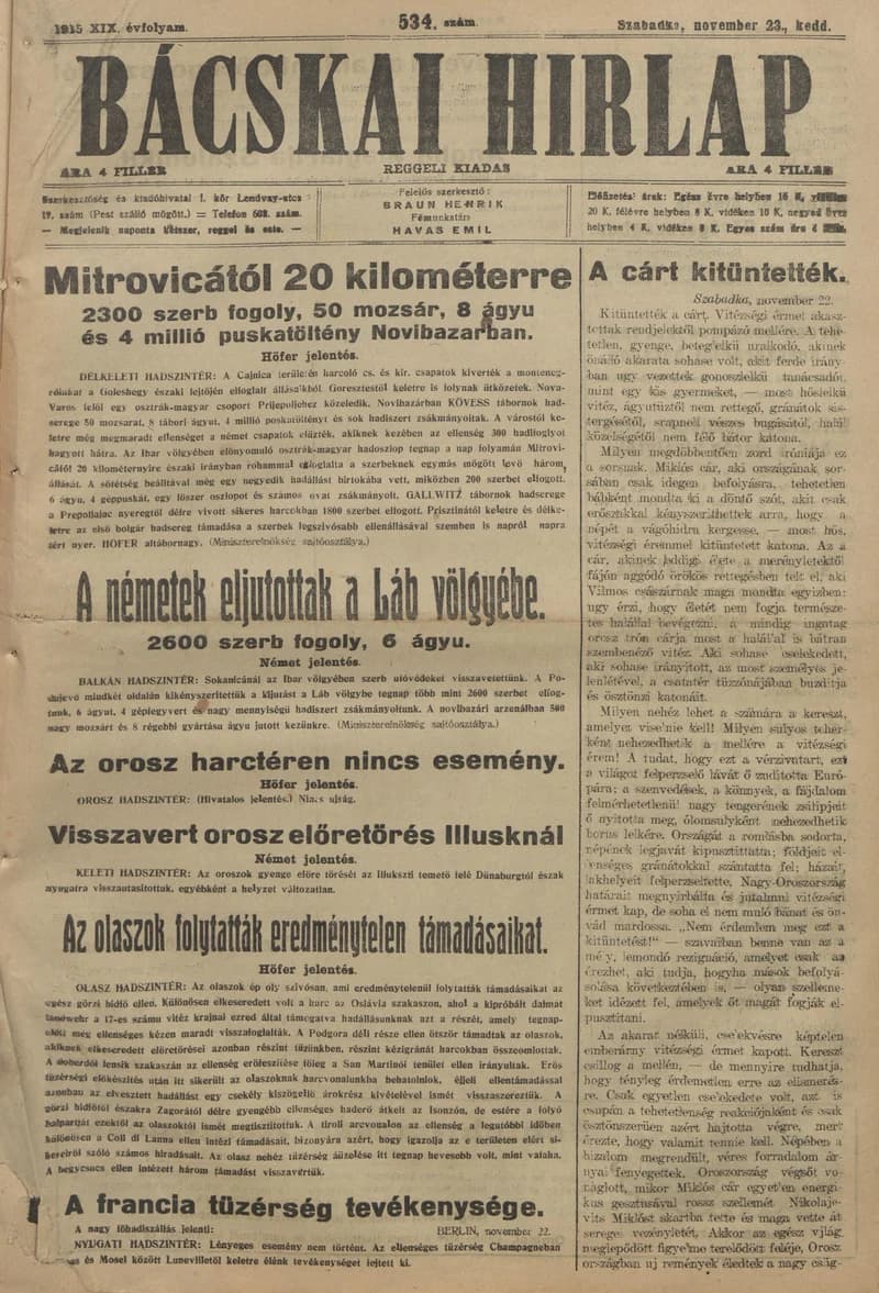 Bácskai Hirlap, 19. évf. 1915. november 23. 534. sz.