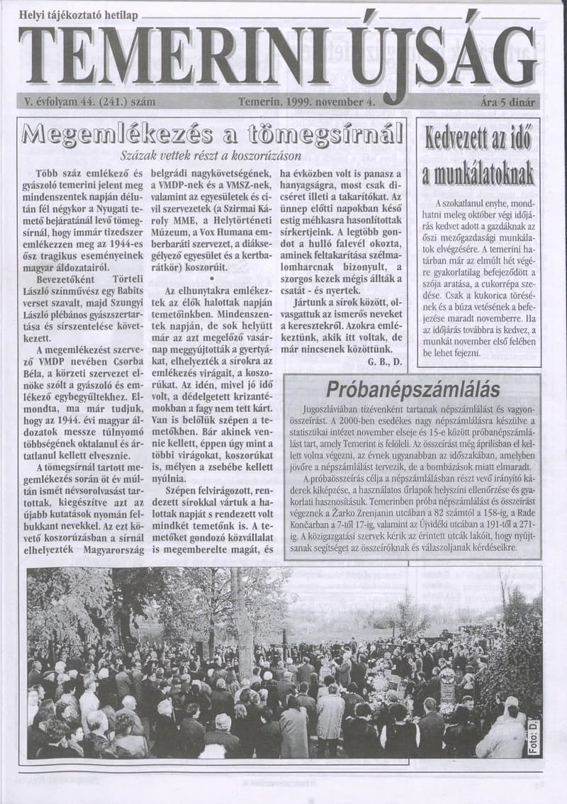 Temerini Újság, 5. évf. 1999. november 4. 44. sz.