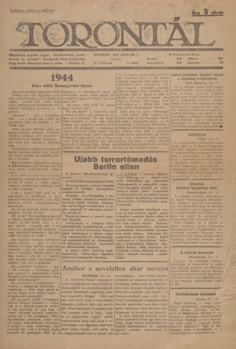 Torontál, 73. évf. 1944. január 1. 1. sz.