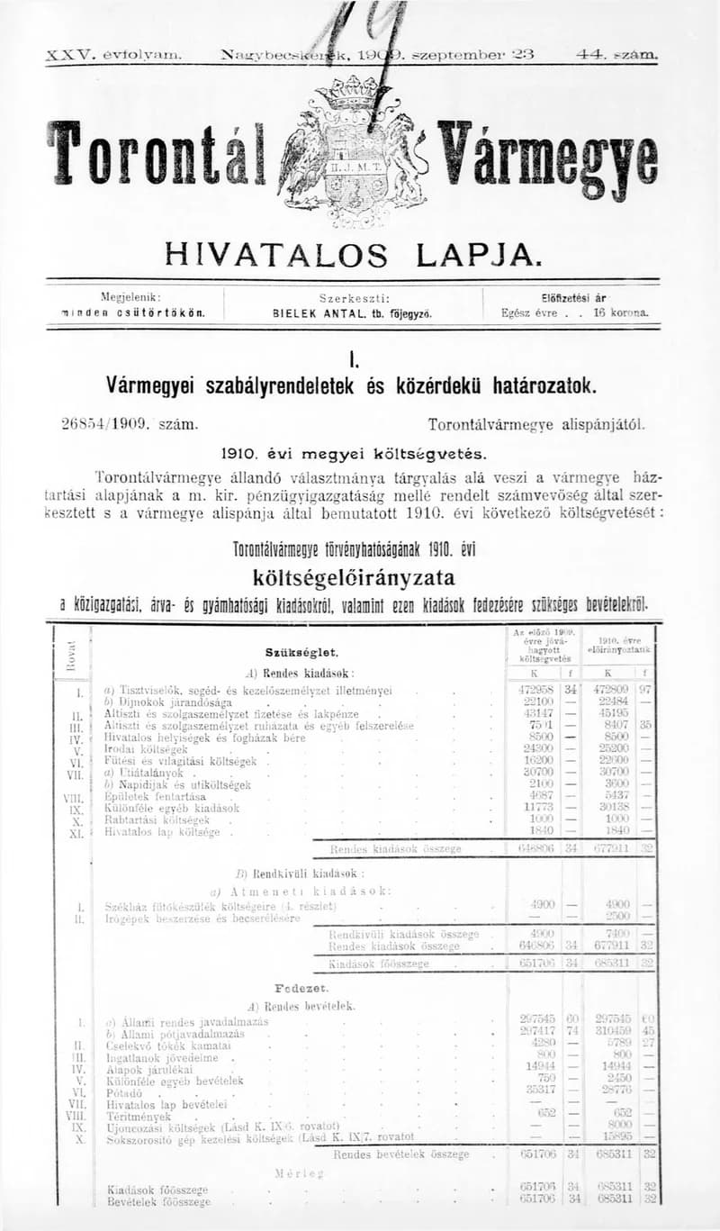 Torontál Vármegye Hivatalos Lapja, 25. évf. 1909. szeptember 23. 44. sz.