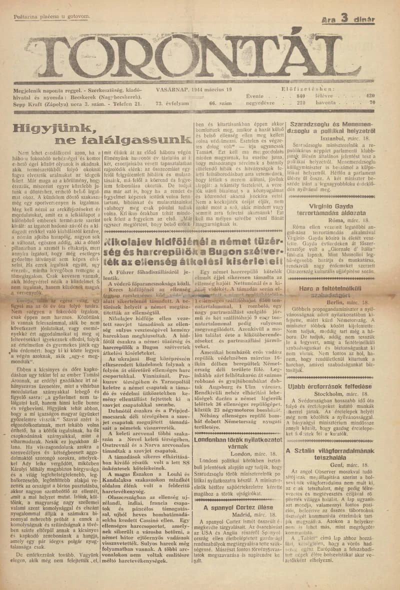 Torontál, 73. évf. 1944. március 19. 66. sz.