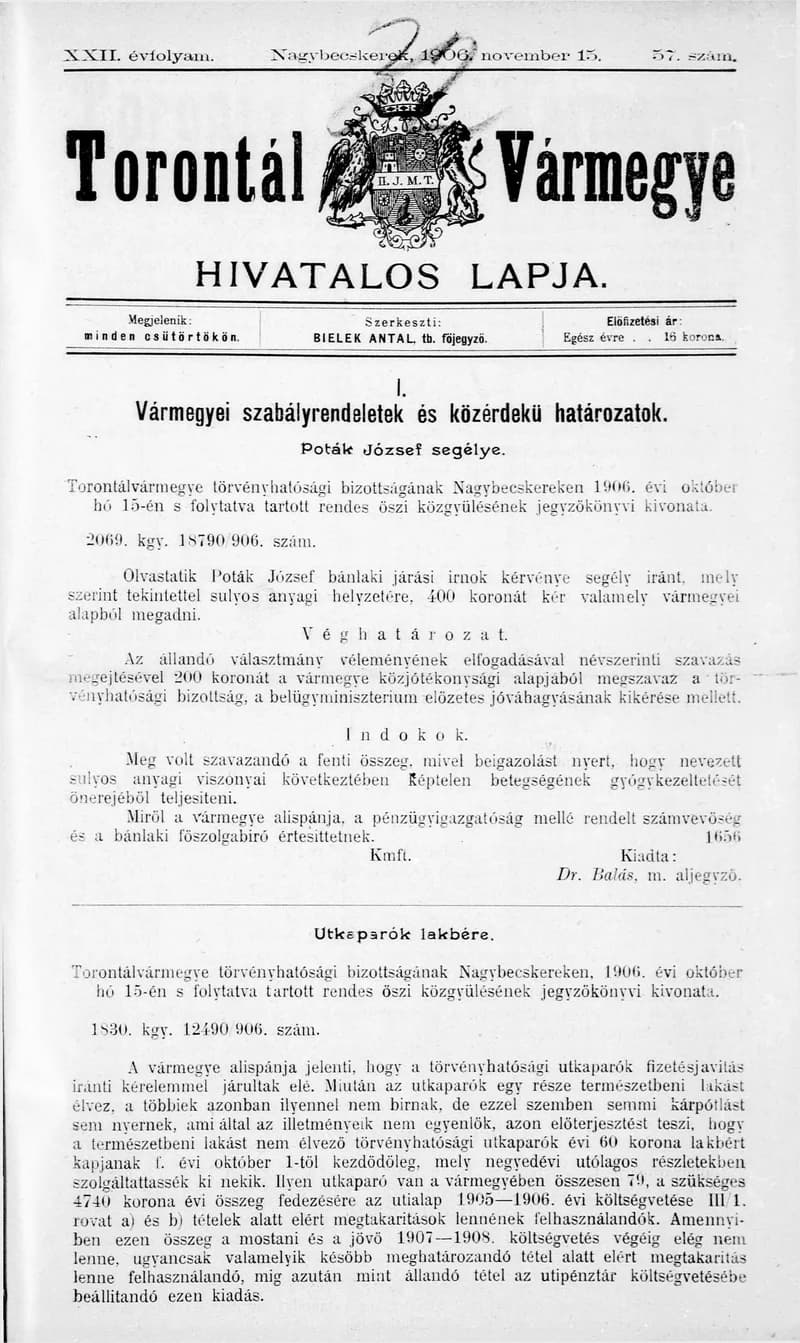Torontál Vármegye Hivatalos Lapja, 22. évf. 1906. november 15. 57. sz.