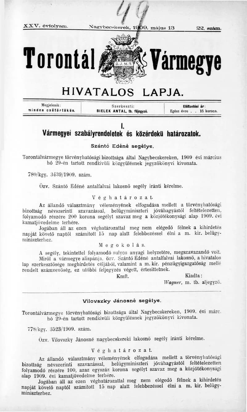 Torontál Vármegye Hivatalos Lapja, 25. évf. 1909. május 13. 22. sz.
